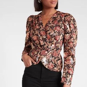 Express Metallic Floral Faux Wrap Peplum Blouse Top